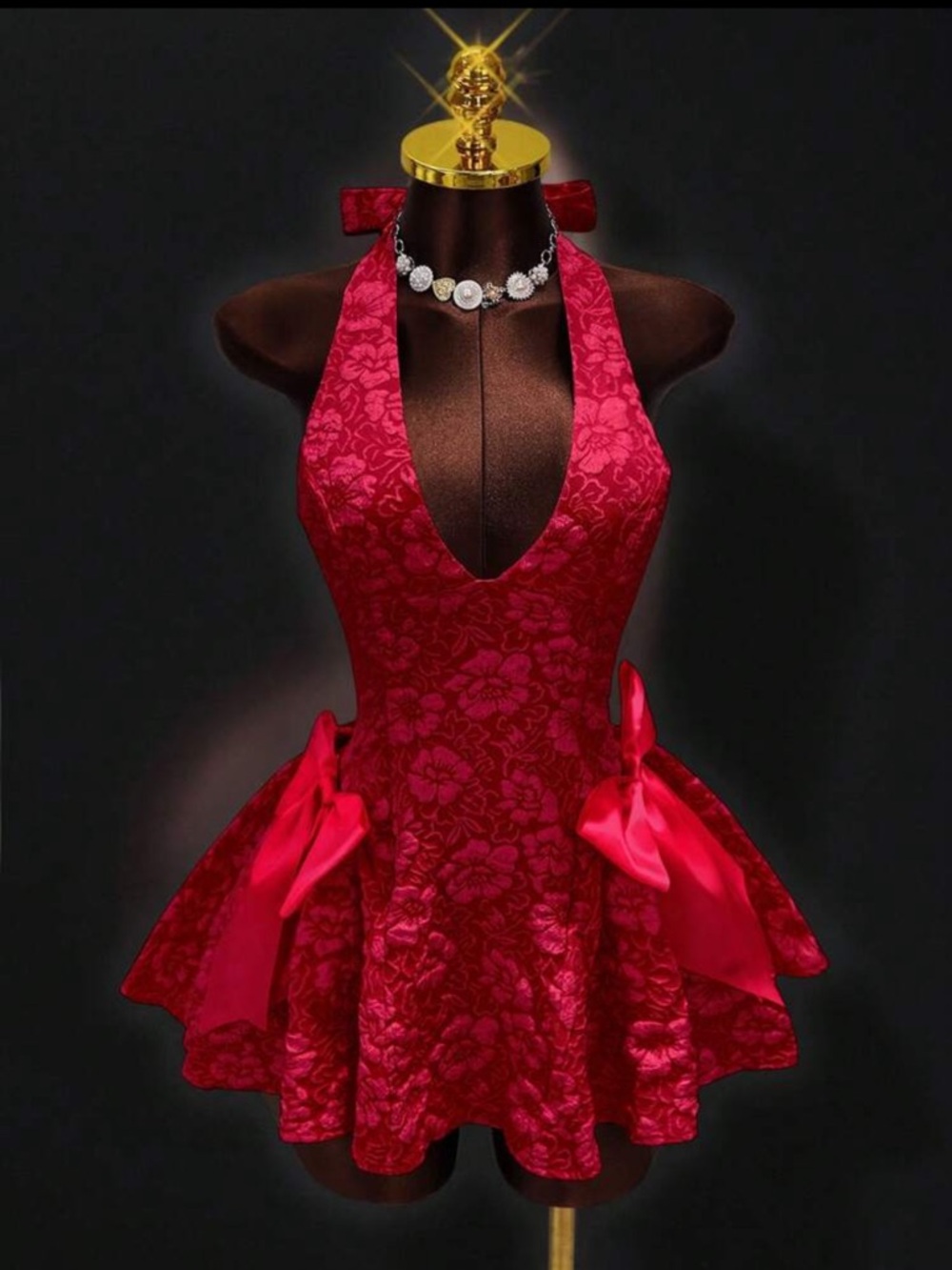 Brand New Elegant Red Halter Floral Jacquard Dress with Bow Accents Size Medium